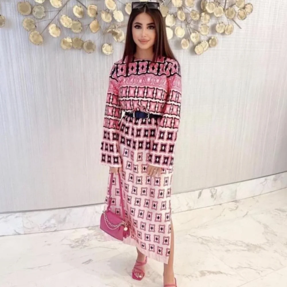 ZARA GEOMETRIC PRINTED MIDI DRESS PINK Small